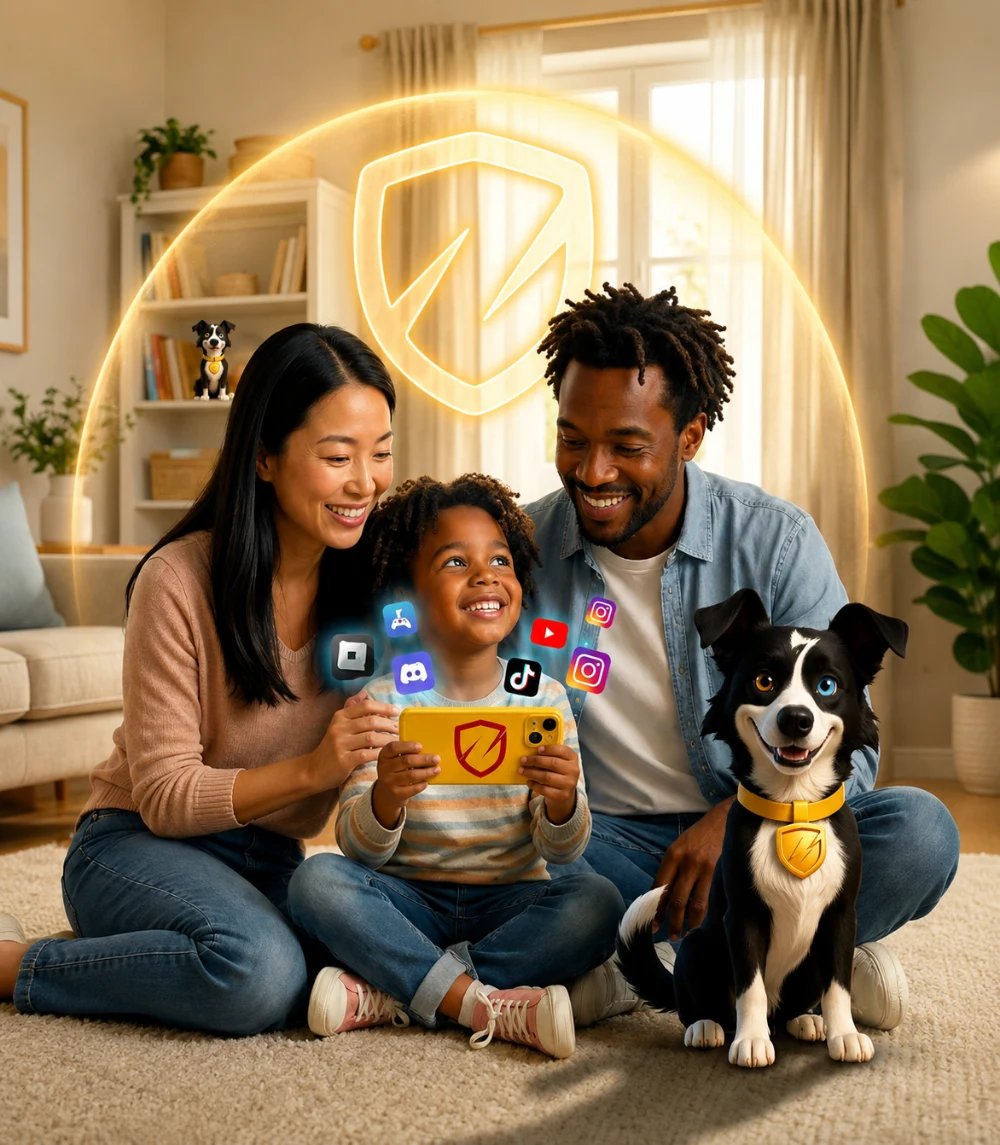 Family with Zippy inside a glowing protection dome